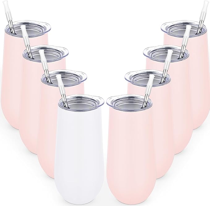 Lifecapido 8 Pack Insulated Stainless Steel Tumblers, 12oz Stemless Flutes, Insulated Champagne Glass for Wedding Party Bride Shower Gifts, 7 Pink 1 White