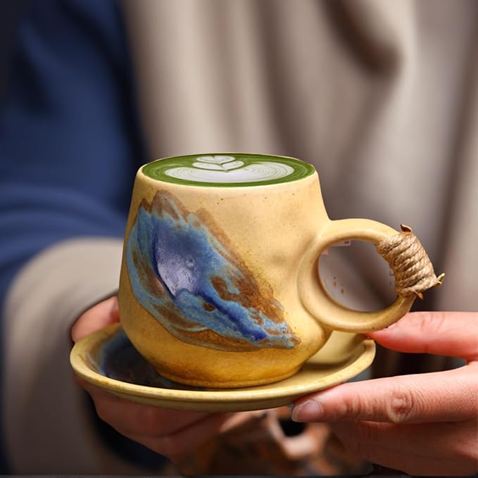 Little handmade ceramic pottery tea cup with saucer, espresso cup | 8 oz stoneware demitasse cup for lungo,cortado,Matcha, Americano