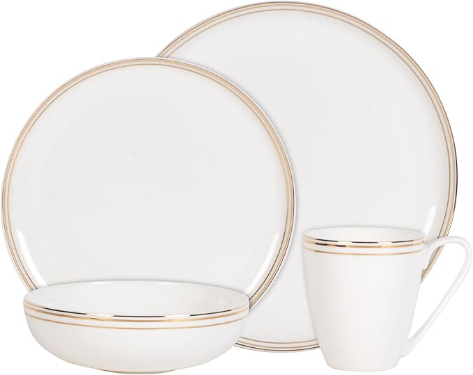Everyday White by Fitz and Floyd Nevaeh Bone China Coupe Gold Bands Dinnerware Set, Service for 4