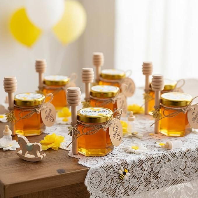 Adabocute Mini Honey Jars - Honey Pot With Honey Dipper, Bee Pendants, Jutes, Tags and Gold Organza Bags - Perfect For Baby Shower Favors, Party Favors and Wedding Favors, 40 Pack 1.5oz