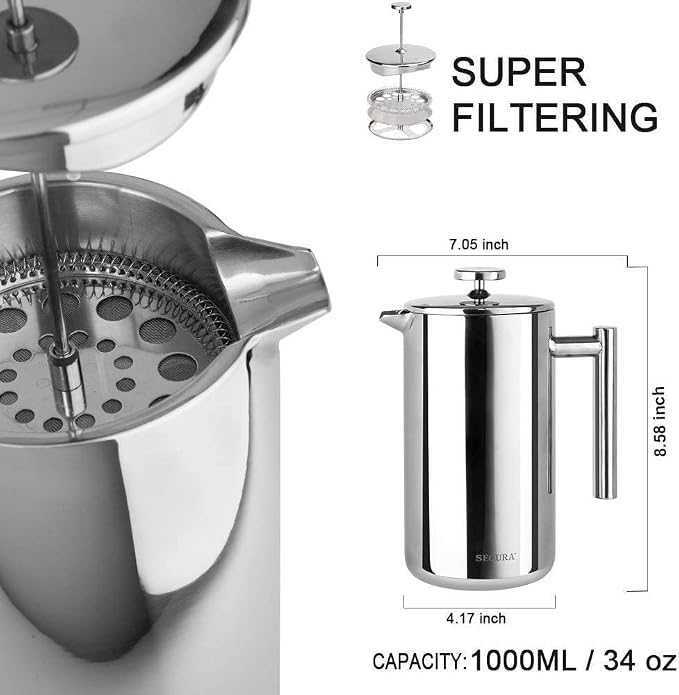 Secura French Press Coffee Maker, 304 Grade Stainless Steel Insulated Coffee Press with 2 Extra Screens, 34oz (1 Litre), Silver