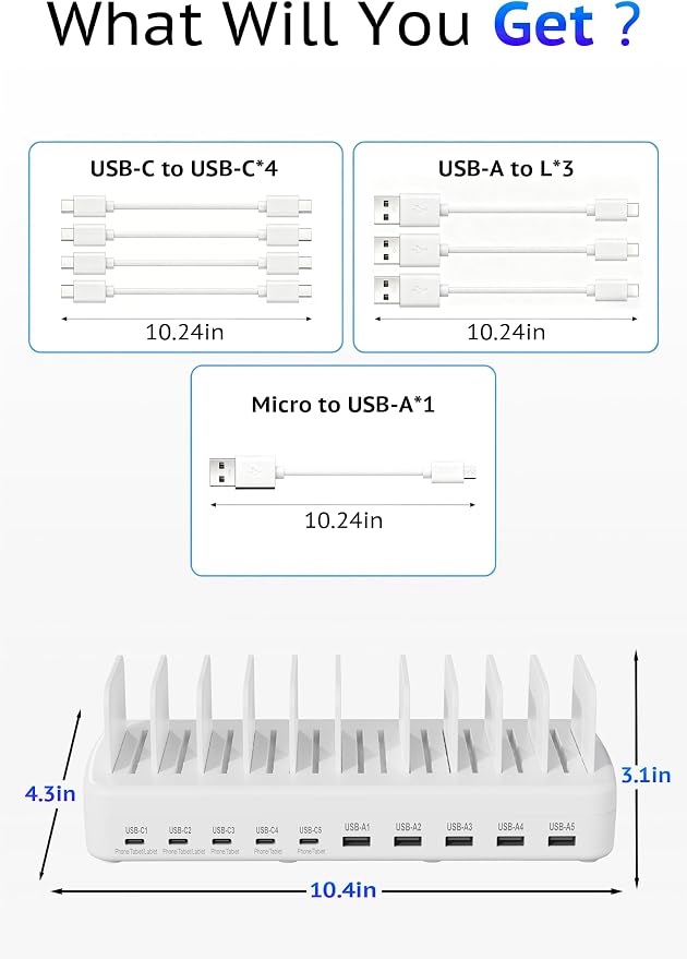 320W Charging Station for Multiple Devices, 10-Port USB Fast Charging Dock Adjustable Dividers & 8 Cables, 65W Laptop Port, Fireproof & Anti-Slip for Office Home Gamers