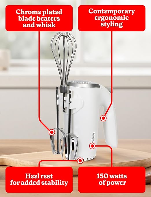 Betty Crocker 2-Piece Kitchen Appliances Combo: 5-Speed Hand Mixer with Food & Vegetable Chopper, 150W Mixer, Chrome Beater & Whisk Attachments, 100W Food Processor with Plastic Bowl, BC-7222W, White
