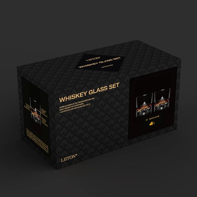 LIITON K2 Mountain Heavy Crystal Whiskey Glasses Gift Set of 2, Thick Freezable Bourbon Glass 1lb Each, Premium Whiskey Gifts for Men, Frozen Crystal Chills Cocktails, 10 oz