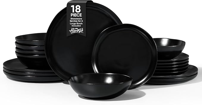 Herogo Stoneware Dinnerware Sets for 6, 18 Piece Ceramic Dinner Dishes Set, Irregular Handmade Plates and Bowls Dishware, Crack and Scratch Resistant, Reactive Glaze,Matte Black