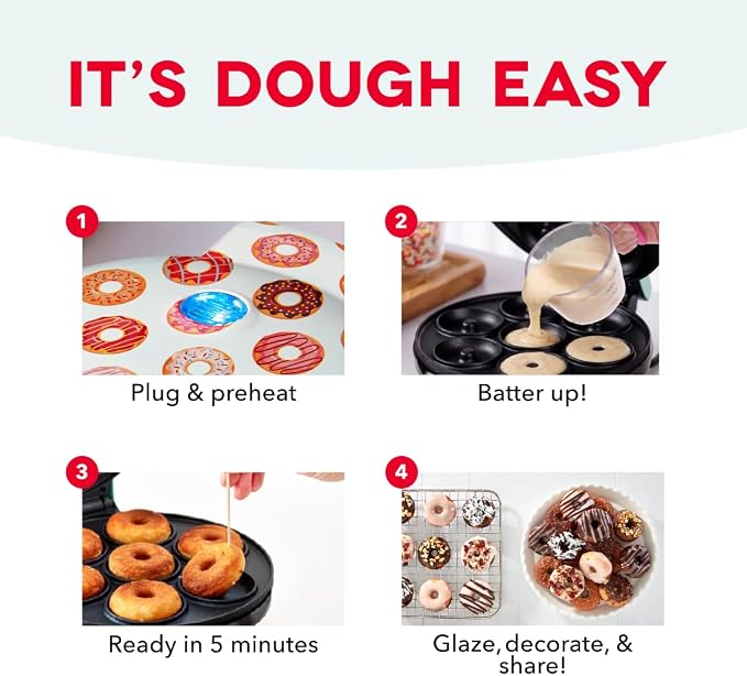 Dash Mini Donut Maker Machine for Kid-Friendly Breakfast, Snacks, Desserts & More with Non-stick Surface, Makes 7 Doughnuts, Donut Print