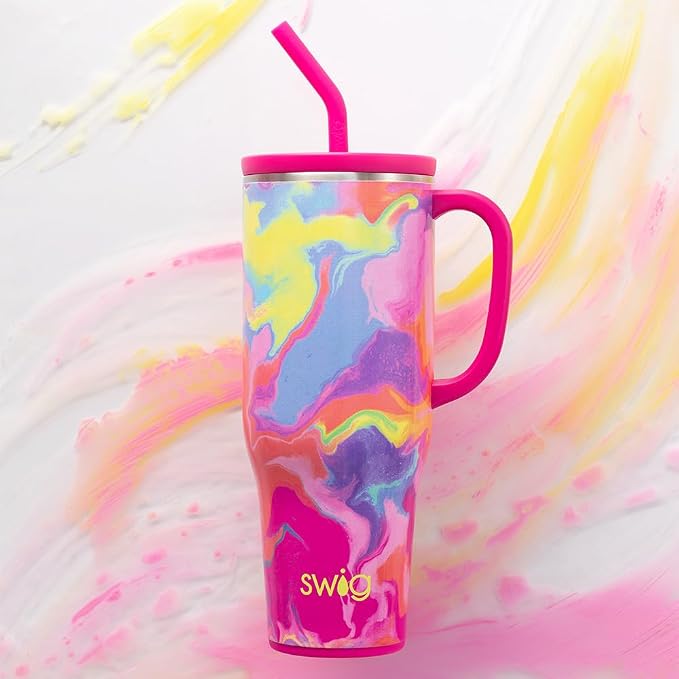 Swig Life 40oz Mega Mug, 40oz Tumbler with Handle and Straw, Extra Large Insulated Tumblers, Cup Holder Friendly Travel Mug (Candy Crush)