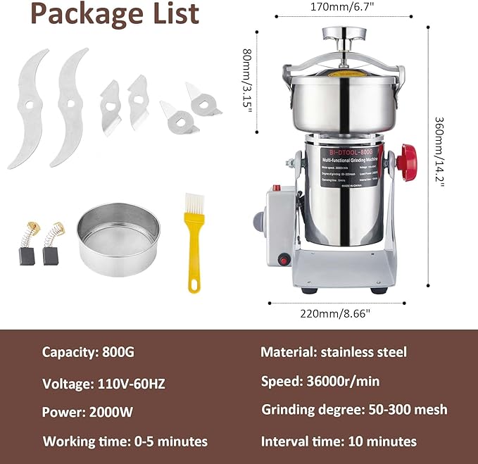 BI-DTOOL Electric Grain Mill Grinder 2000W Dry Material Grinding Machine 800g Stainless Steel Pulverizer 36000r/min High-speed Grain Mill 270° swingable Superfine powder for Home and Commercial 800g