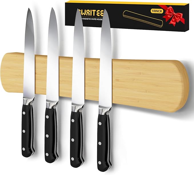 Swaitee Magnetic Knife Holder for Wall, 10 Inch Bamboo Magnetic Knife Strip, Kitchen Storage Organizer, Fridge Side Mount, Housewarming Gifts for New Home