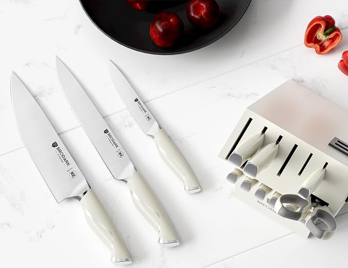 BRODARK Kitchen Knife Sets with Block and Built-in Sharpener - Ultra Sharp15 Pcs Full Tang Professional Chef Knife Set, High Carbon Super Stainless Steel Cutlery Set, Gift for men women, Ivory Series