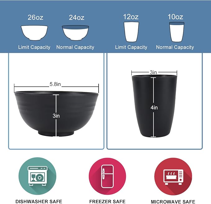 Wrova Wheat straw dinnerware sets of 40-10 inches plates,9 inches plates,6inches snack plate,26oz bowls,12oz cups - Unbreakable plates and bowls sets microwave safe and dishwasher safe. Black