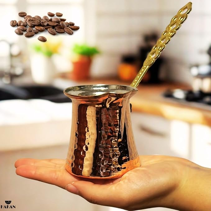 Hakan Turkish Coffee Pot | Stove Top Water Boiler, Coffee Maker, Butter, Chocolate & Milk Warmer | Even and Quick Heat with Handcrafted Copper Material | Coffee Gifts Idea, 6.5 Oz (190 cc)
