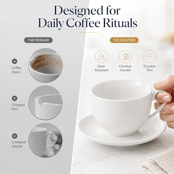 4pcs White Coffee Cups with Saucers, 12oz Ceramic Cappuccino Cups, Microwave & Dishwasher Safe, for Home, Cafe