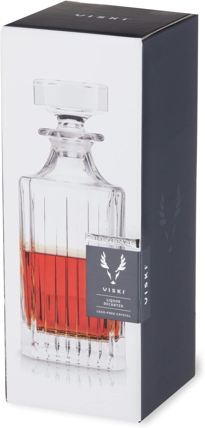Viski Reserve Milo Whiskey Decanter with Stopper, Stylish Crystal Liquor Decanter for Bourbon, Scotch, Spirits, Wedding Gifts, Man Cave Essentials, Elegant Home Bar Accessories, 28 oz (828 ml)