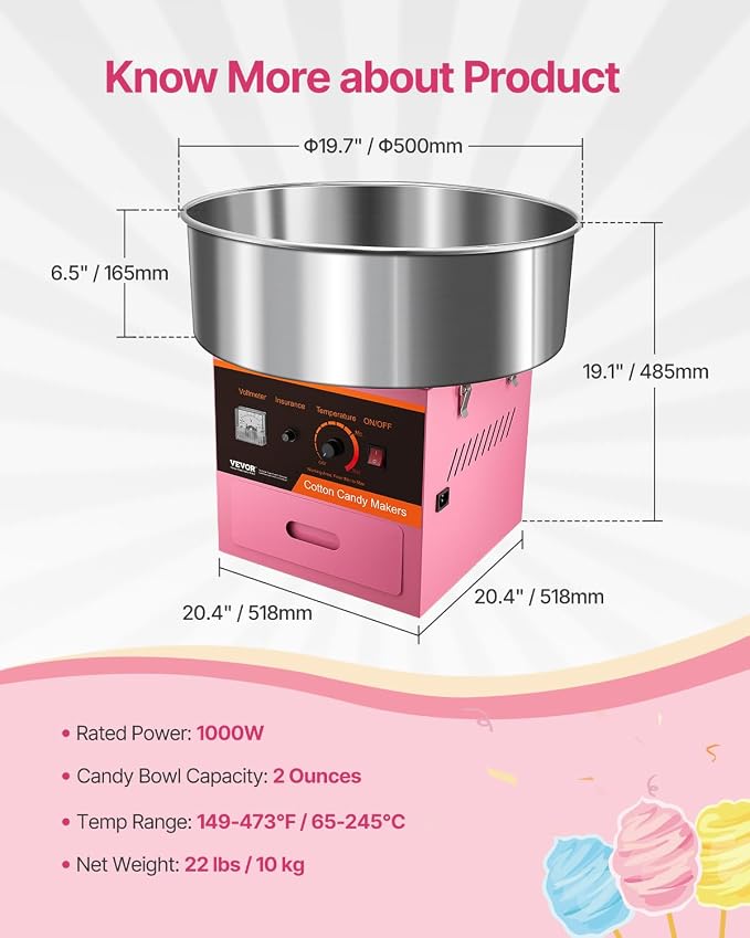 VEVOR Electric Cotton Candy Machine, 1000W Commercial Floss Maker w/Stainless Steel Bowl, Sugar Scoop and Drawer, Perfect for Home, Carnival, Kids Birthday, Family Party, Pink