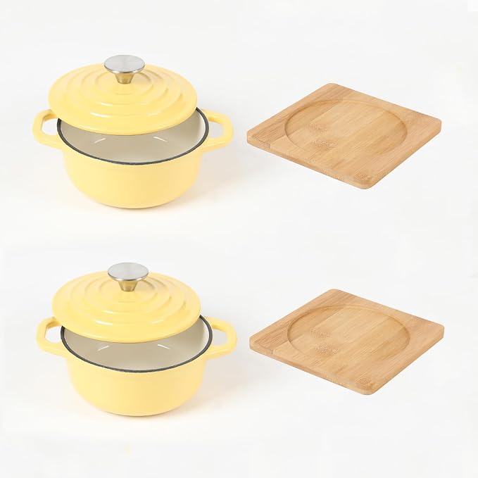 HAWOK Enameled Cast Iron Mini Dutch Oven, Dia5.51”, 23oz, with Bamboo Tray, Set of 2, Yellow