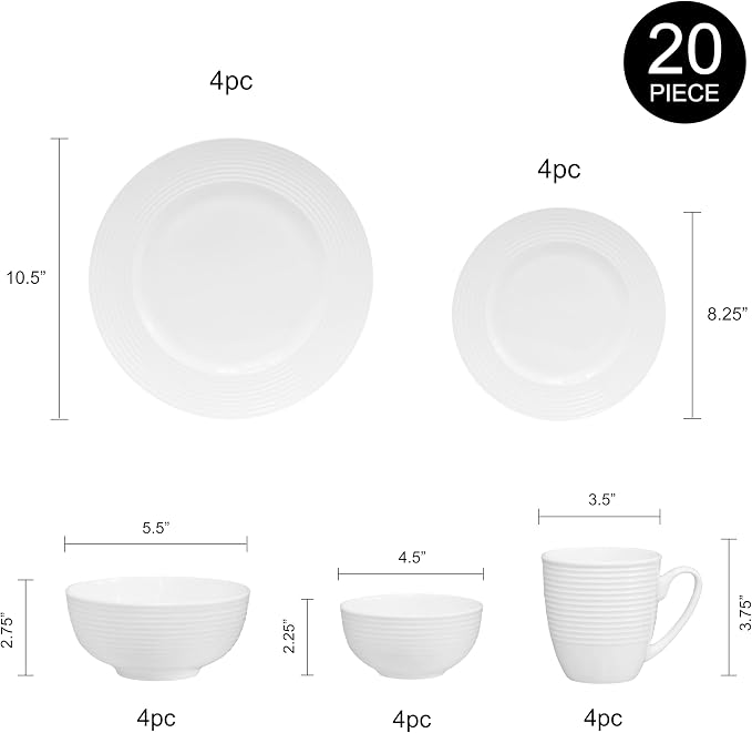 Bone China Dinnerware, 20PC Set, Service for 4, White Embossed, circle, Microwave Safe, Translucent, Elegant giftware, Dish set, Essential Home, Kitchen Dishes, Dinner Set