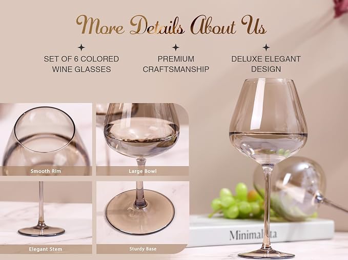 Physkoa Mocha Mousse Color Wine Glasses Set 6-18oz Long Stem Smokey Gray Wine Glasses-Hand Blown Mocha Stemware for Home Decro Pary