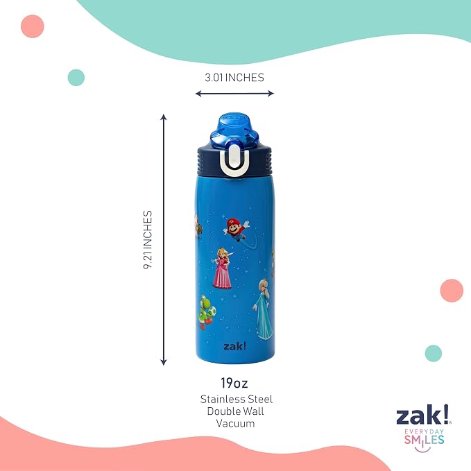 Zak Designs The Super Mario Galaxy Movie Sage Kids Water Bottle For School or Travel, 19oz Insulated Stainless Steel Water Bottle With Leak-Proof Straw, BPA Free (Mario & Friends)