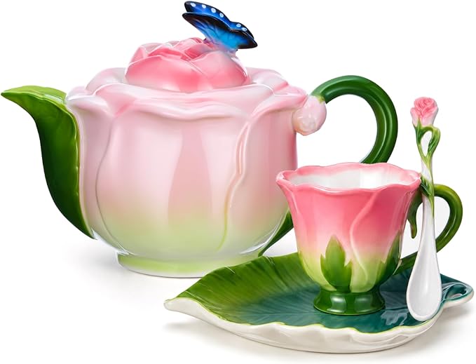 Rose Flower Teapot and Cup Set – 22oz Ceramic Decorative Teapot & 6.8oz Cup with Saucer & Spoon for Women, Pink Hand Painted Vintage Floral Teaware Coffee Mug Gift for Teacher Birthday Wedding