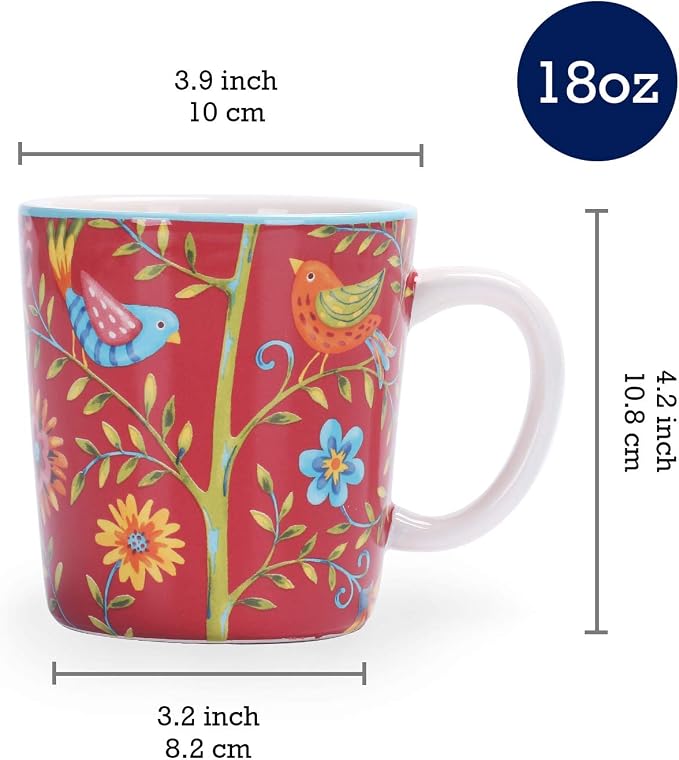 Bico Red Spring Birds Ceramic Coffee Mugs Set of 4, 18 oz Large Tea Cups with Handle, Aesthetic Latte Mugs for Cappuccino Cocoa, Lead-Free, Dishwasher and Microwave Safe, Housewarming Gift