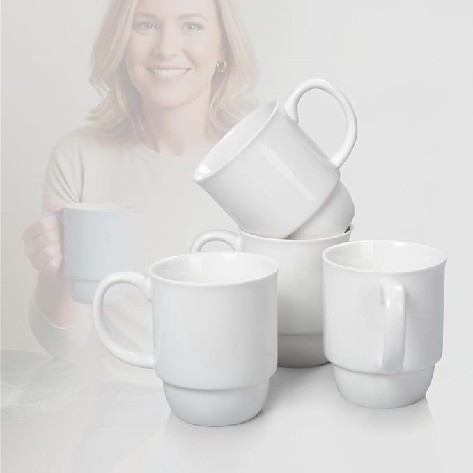 Stackable Porcelain Coffee Mug Set of 4 – 20oz Jumbo Capacity, Space-Saving Ceramic Mugs with Large Handle for Kitchen & Coffee Bar, Microwave & Dishwasher Safe Modern Home Gift