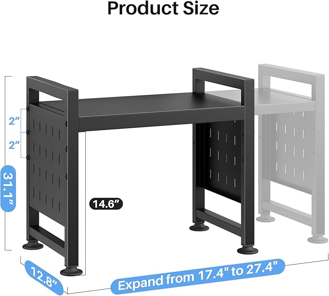 Expandable Microwave Stand Countertop, 2-Tier Adjustable Microwave Oven Rack with 8 Hooks & 2 Holders, Heavy Duty Carbon Steel Microwave Shelf for Kitchen Counter Organizer and Storage, Holds 120lbs