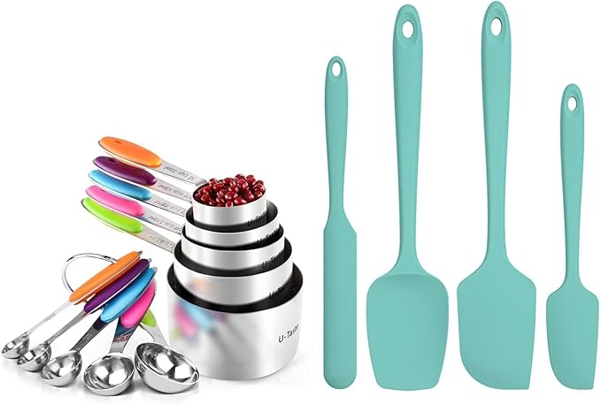 U-Taste Multicolors 18/8 Stainless Steel Measuring Cups and Spoons Set of 10 and Aqua Sky 600ºF High Heat-Resistant Silicone Spatula Set of 4