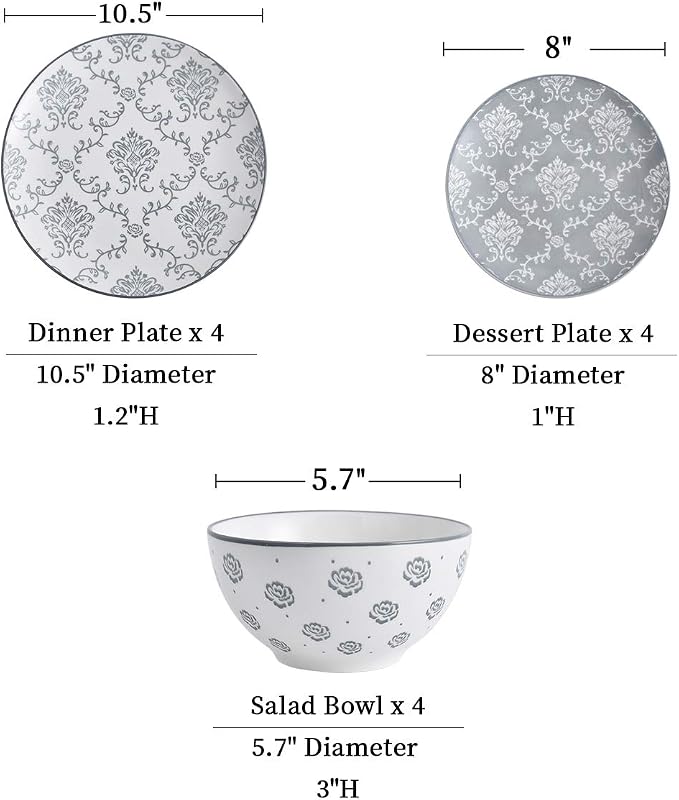 12-Piece Dinnerware Set, Ceramic Dish Set with Plates, Bowls, Nonstick, Durable Stoneware, Grey for Kitchen