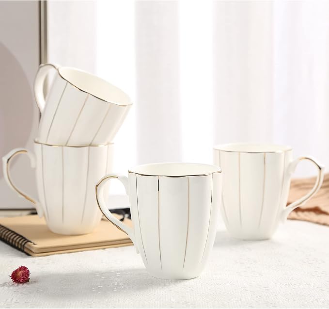 DUJUST Coffee Mug Set of 4(13.5oz), Luxury British Design with Handcrafted Golden Trims, 1st-Class Bone-china White and Gold Cup Set for Coffee, Tea&Milk, Beautiful&Graceful Top Fine Porcelain Cups