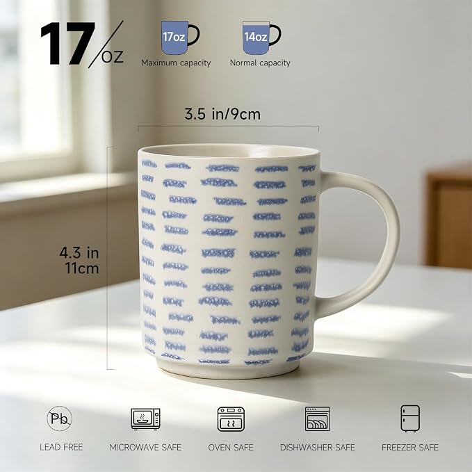Coffee Mugs Set of 6, 17oz Ceramic Mugs with Handpainted Blue Gray Stripe Pattern, Modern Stackable Coffee Cups, Dishwasher and Microwave Safe Mugs for Home & Office (Horizontal Stripes)