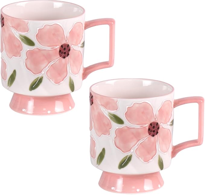 KAMMAK Ceramic Pink Coffee Mug, 15oz Large Mugs Set of 2, Novelty Cup for Tea, Juice, Milk, Cute Porcelain Water Cups with Handle for Women, Dishwasher and Microwave Safe