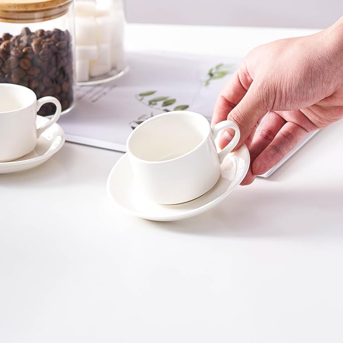 Espresso Cups Set of 4, 4oz Stackable Coffee Cups with Saucers and Metal Stand, White Demitasse Cups, Expresso Shots Cup Set