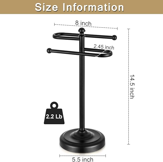Hand Towel Stand,304 Stainless Steel Hand Towel Holder for Bathroom Kitchen Counter，14.5 Inch S-Shape Weighted Base Standing Hand Towel Rack Bar Holds 2 Towels (Black)