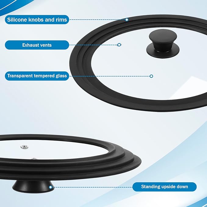 Ptwola 3PCS Universal Pot Lids for Pans and Skillets, Tempered Glass Replacement Cast Iron Frying Pan Cover with Heat Resistant Silicone Rim, Fits All 6" to 12" Diameter Cookware
