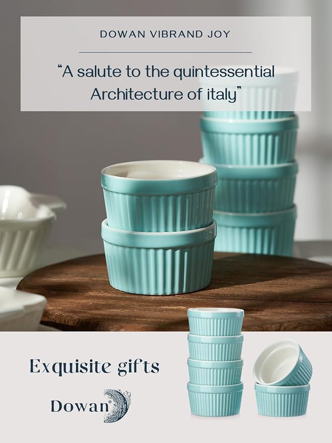 DOWAN Ramekins 6 oz Oven Safe for Creme Brulee Souffle, Porcelain Ramekin for Baking, Classic Style Ramekins Bowls Souffle Dishes Custard Cups, Set of 6, Blue