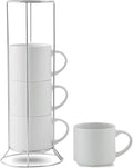 HASENSE Coffee Mugs 12 OZ Ceramic Cups Set of 4, Stackable Embossed Coffee Cups with Rack, Porcelain Coffee Cups for Latte, Cappuccino, Mocha, Cocoa, Americano, Hot Tea and Milk, White