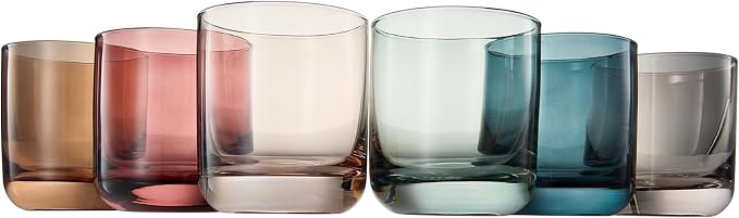 Khen Colored Old-Fashioned Drinking Glasses | Set of 6 | 9.6oz Art Deco Stemmed Glasses for Whiskey, Martini, Cocktail, Champagne, Wine | Muted Pastel Colors