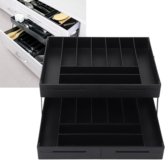TOPINCN 2 Tier Collapsible Multi Level Drawer Organizer Tray, Folding Smart Drawer Storage, Expandable for Makeup, Jewelry, Silverware, Utensils, Kitchen Office Supplies