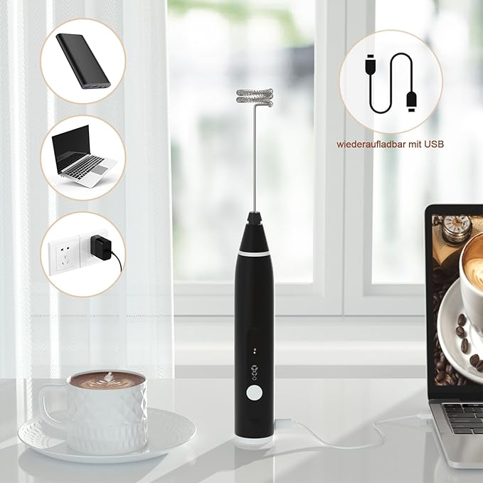 FITNATE Rechargeable Electric Foam Maker Drink Mixer 3 Speeds with 2 Stainless Steel Whisks, Frother for Coffee, Hot Chocolate, Latte, Cappuccino, Includes Frother Cup