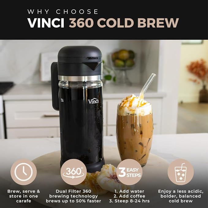 VINCI Cold Brew 360, Glass Cold Brew Coffee Maker Featuring Patented Dual Filter 360 Brewing Technology, Cold Brew for Iced Coffee (2.0 Liter / 68 FL.OZ)