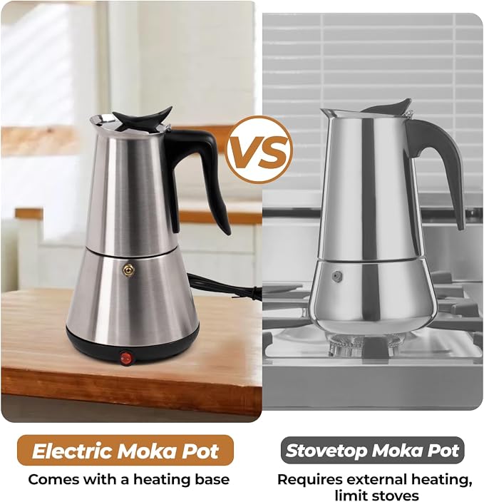 Electric Stainless Steel Moka Pot 6 Cup 300ml Mocha Pot Espresso Maker with Detachable Base Ideal Coffee Maker for Home Italian and Cuban Café Coffeemaker Espressomaker Coffee Pot