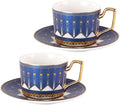 KAMMAK Tea Cups and Saucers Set of 2, Porcelain Coffee Cups, Stackable Espresso Mugs, Ceramic Demitasse for Coffee, Latte, Americano, Tea, Lighthouse of Alexandria