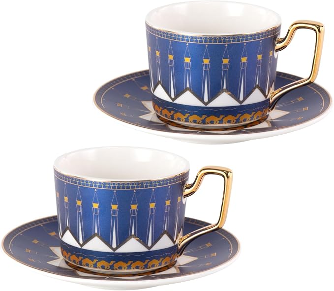 KAMMAK Tea Cups and Saucers Set of 2, Porcelain Coffee Cups, Stackable Espresso Mugs, Ceramic Demitasse for Coffee, Latte, Americano, Tea, Lighthouse of Alexandria