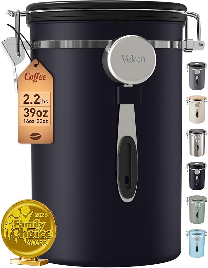 Veken Coffee Canister, 39OZ Large Christmas Coffee Lovers Gift Basket Set,Airtight Stainless Steel Food Storage Kitchen Container Gifts for 2.2lbs Beans, Ground, Sugar, Tea, Flour, Cereal, Scoop,Black