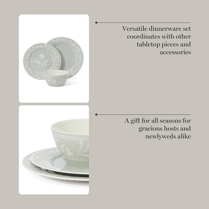 Martha Stewart Dinnerware Set - Maiden Crown 12-Piece Dish Set, Sage Green – New Bone China Ceramic Plates & Bowls – Floral Design – Service for 4 – Microwave & Dishwasher Safe