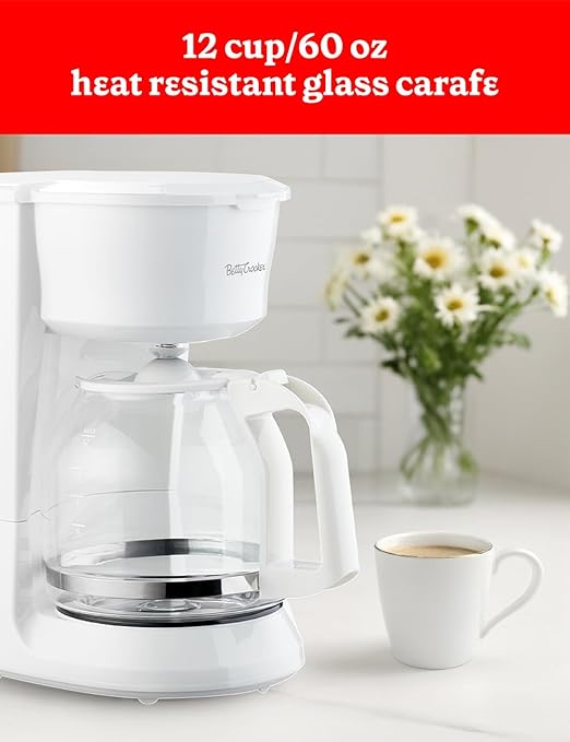 Betty Crocker 12-Cup Drip Coffee Maker with Heat Resistant Glass Carafe, Removable Permanent Nylon Filter, Pause & Pour, Water Level Gauge, Non-Stick Warming Plate, BC-5729W, White