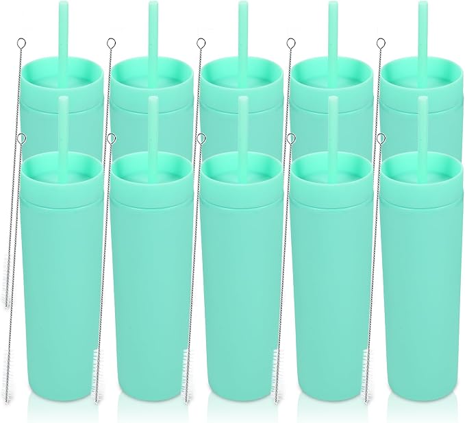 Volhoply 16oz Plastic Skinny Tumbler with Lid and Straw Bulk 10 Pack,Insulated Double Wall BPA Free Matte Acrylic Tumblers,Iced Coffee Travel Reusable Party Cup,Customizable Diy Gifts(Green,10 Set)
