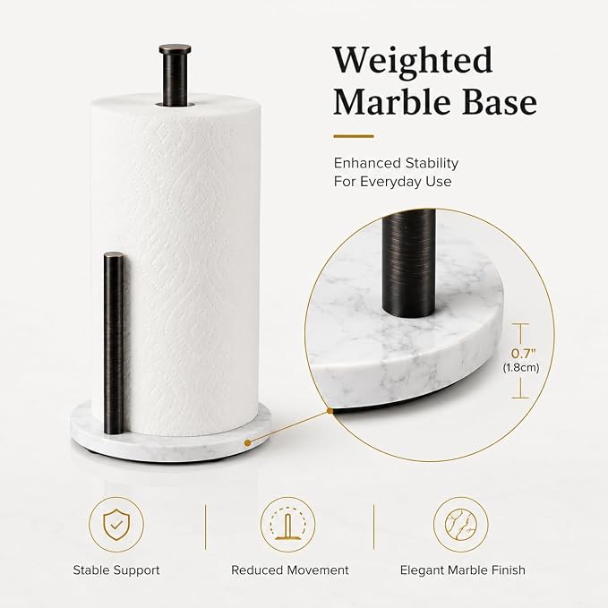 Oil Rubbed Bronze Paper Towel Holder,Stainless Steel Paper Towel Holder for Kitchen Roll Organize, Standard or Jumbo-Sized Roll Paper, Countertop Roll Dispenser with Marble Base