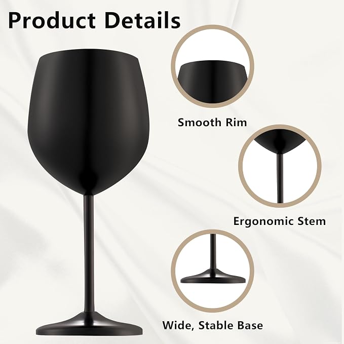 UNISWEET Stainless Steel Wine Glasses Set of 6 with 1 Corkscrew Matte Black | 17 oz Unbreakable Metal Wine Goblets, Reusable & Sturdy, Ideal for Outdoor, Travel, Camping, Pool, Gift for Wine Lovers